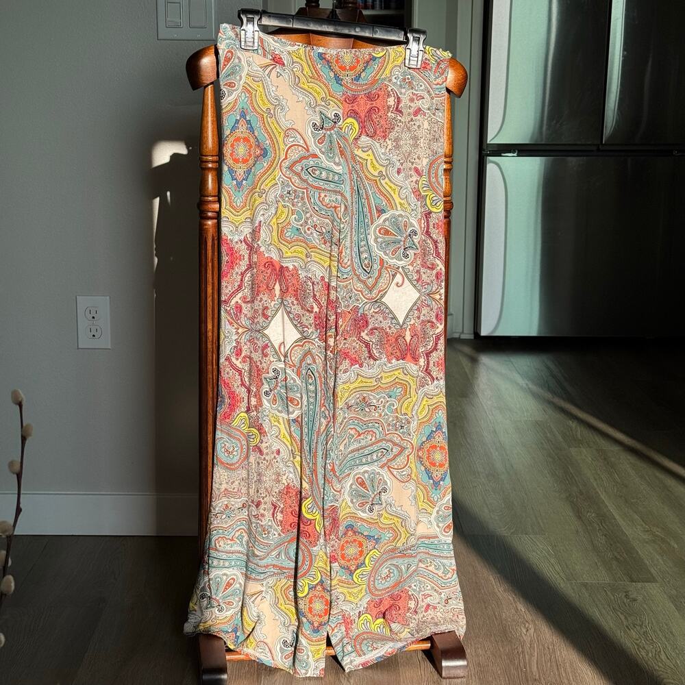 Lucy & Laurel Paisley Wide Leg Palazzo Pants Boho Festival Rayon Size M Paisley